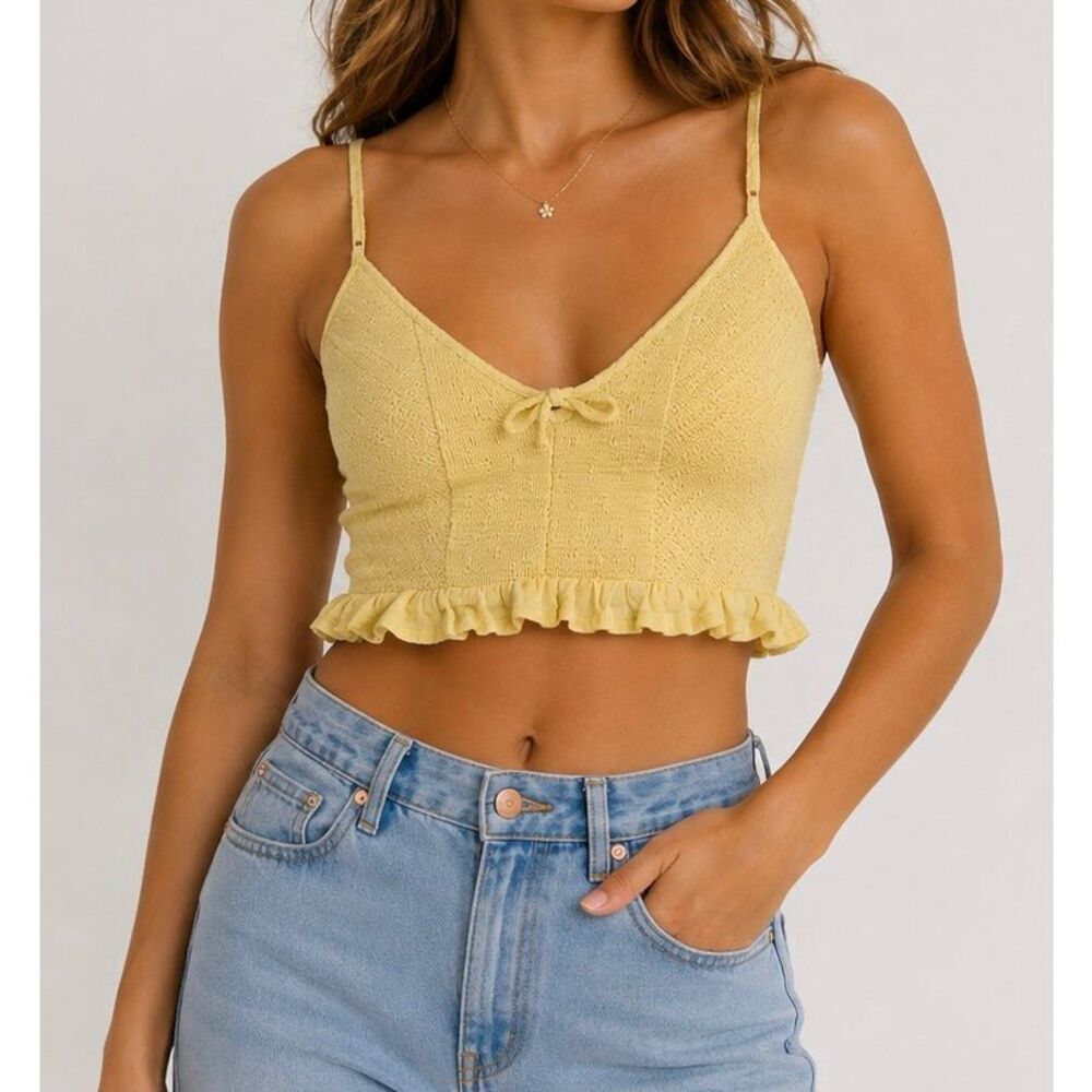 Urban Outfitters Yellow Smocked Ruffle Crop Cami Top Medium Cottagecore